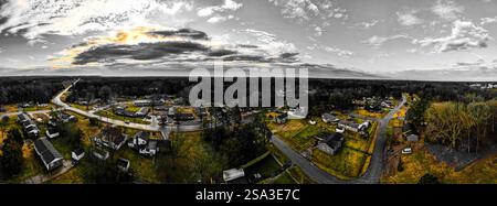 A drone shot of a city with spot color Stock Photo