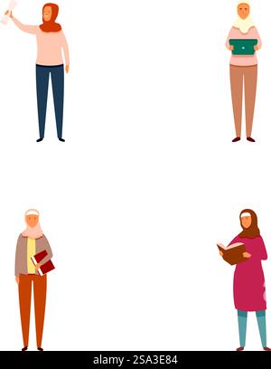 Collection of diverse women characters in various poses and outfits illustration set with cultural attire. Hijab. Casual clothing. And modern lifestyle representing inclusivity. Elegance. Collection of illustrated diverse women in various outfits and poses on a white background Stock Vector