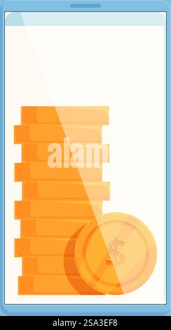 Illustration of mobile wealth concept with digital banking, finance, and smartphone savings depicted in a vector illustration. Vector image displaying stack of coins inside a smartphone, symbolizing mobile finance Stock Vector