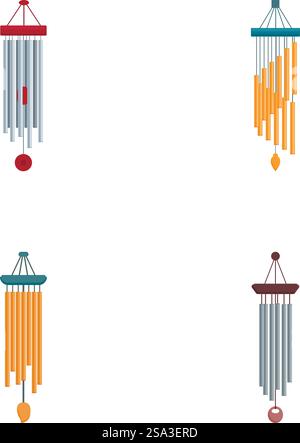 Illustration featuring four different designs of colorful wind chimes isolated on a white background. Set of colorful wind chimes illustration Stock Vector