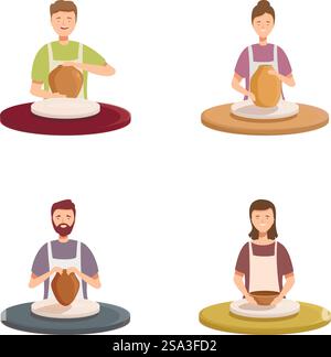 Set of illustrations of diverse artisans shaping pottery on spinning wheels. Artisans crafting pottery on wheels Stock Vector