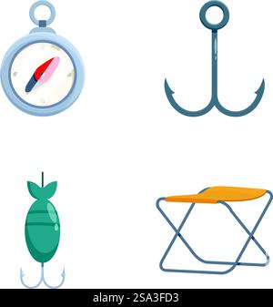 Collection of colorful fishing related icons including a compass, hook, lure, and folding stool. Set of fishing icons and tools Stock Vector