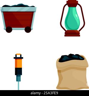 Collection of four miningrelated icons, including equipment and resources. Mining icons set cart, lantern, pickaxe, and sack Stock Vector