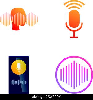 Set of four modern, colorful icons representing podcasting and voice recording. Podcast and voice recording icon set Stock Vector