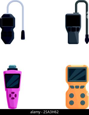 Vector illustration of four different portable measurement devices used for various diagnostics and readings. Set of handheld electronic measuring instruments icons Stock Vector