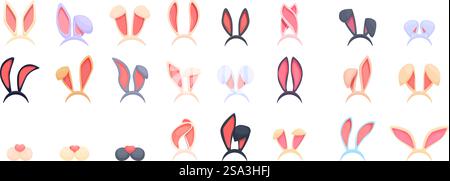 Easter bunny ears mask vector. A collection of cartoon rabbit ears in various colors and styles. The image conveys a playful and whimsical mood, as the ears are designed to resemble cartoon rabbit ears. Easter bunny ears mask vector. A collection of cartoon rabbit ears in various colors and styles Stock Vector