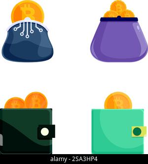 Modern flat design vector illustration set of cryptocurrency concept icons including bitcoin, wallet, coin, and digital currency for online banking and secure financial transactions. Collection of four cryptocurrency icons depicting bitcoin storage methods Stock Vector