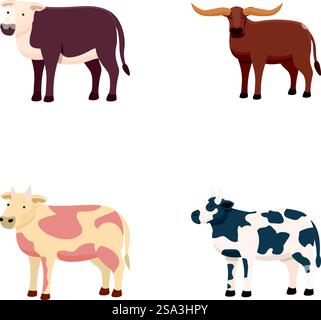 Collection of four cartoon illustrations of different cattle breeds on a white background. Set of various cartoon cattle breeds Stock Vector
