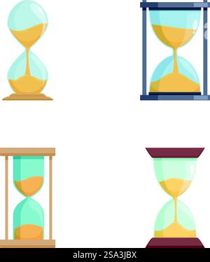 Vintage collection of hourglass icons set with various time management symbols in simple flat design on white background. Set of four different hourglass timers, isolated and stylized on a white background Stock Vector