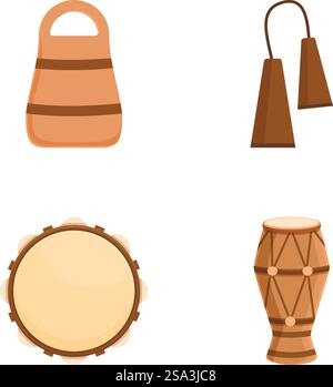 Vector illustrations of traditional drums and colorful bags on a white background. Set of ethnic percussion instruments and bags illustration Stock Vector