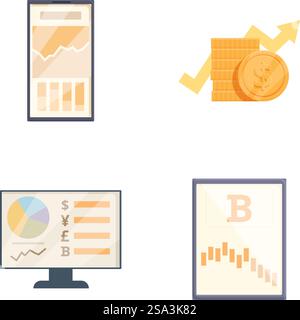 Collection of modern digital finance and cryptocurrency icons, including mobile and computer displays. Set of finance and cryptocurrency illustrations Stock Vector
