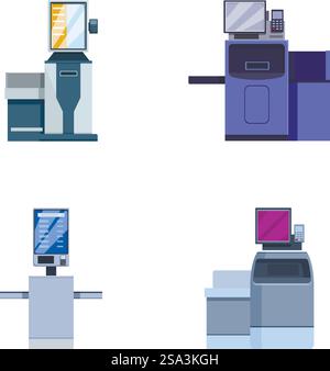 Vector illustration collection of various office copiers and printers in a flat design style. Set of modern office copiers and printers Stock Vector
