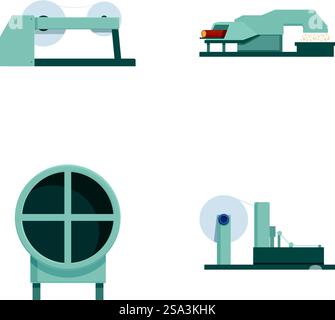 Set of precise and scalable industrial machinery icons in flat design vector, perfect for manufacturing, production, and automation technology. Vector icons depicting various industrial machines for manufacturing and production Stock Vector