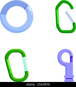 Collection of four colorful carabiner clip illustrations isolated on white, used for securing climbers. Set of vector illustrated climbing carabiners Stock Vector