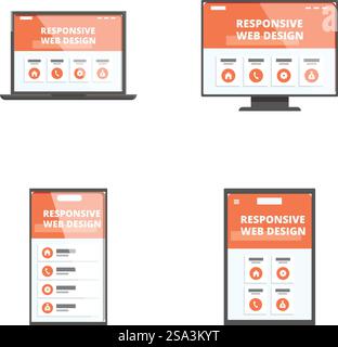 Illustration depicting a responsive website design on desktop, laptop, tablet, and smartphone. Responsive web design concept across devices Stock Vector