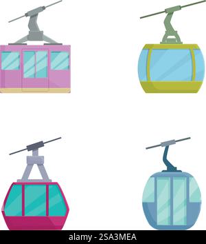 Four vector illustrations of colorful cable cars in a flat design style. Set of cable car illustrations Stock Vector