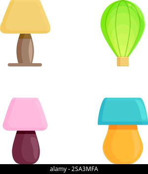 Vector illustration of various lamps and bulbs in a flat design style, isolated on a white background. Set of colorful cartoon lamps and light bulbs Stock Vector