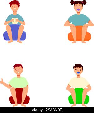Vector illustrations of four diverse individuals sitting on the ground in relaxed positions. Set of four people sitting in casual poses Stock Vector