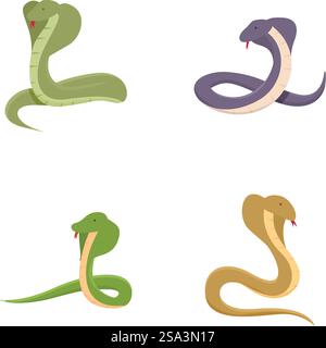 King cobra icons set cartoon vector. Cobra snake cartoon mascot character. Animal, reptile. King cobra icons set cartoon vector. Cobra snake cartoon mascot character Stock Vector