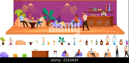 People shisha bar vector. A cartoonish drawing of a bar with people sitting in couches and chairs. Scene is relaxed and social. People shisha bar vector. A cartoonish drawing of a bar with people sitting in couches and chairs Stock Vector
