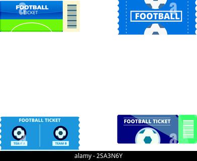 Four flat design icons representing football match tickets. Set of football ticket icons Stock Vector