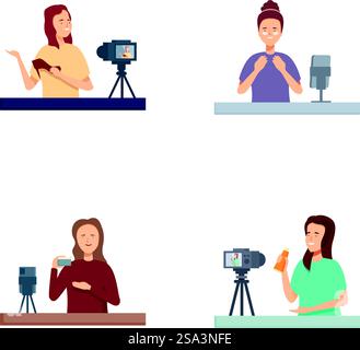 Wide variety of diverse vloggers creating engaging and compelling multimedia content with the use of microphones, cameras, and other digital equipment for online media and social networking. Set of four cartoon illustrations showing diverse people recording videos for vlogging Stock Vector