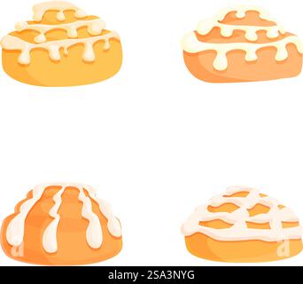 Set of four deliciously illustrated iced cinnamon rolls on a white background. Assorted iced cinnamon rolls illustration Stock Vector