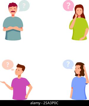 Illustration of diverse individuals in contemplation, each with a question mark suggesting doubt or curiosity. Group of people pondering with question marks Stock Vector