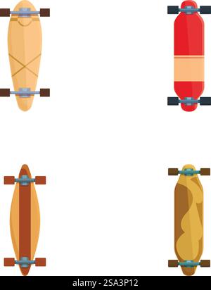 Collection of four distinct skateboard designs in vector format, viewed from above. Variety of skateboard designs vector set Stock Vector