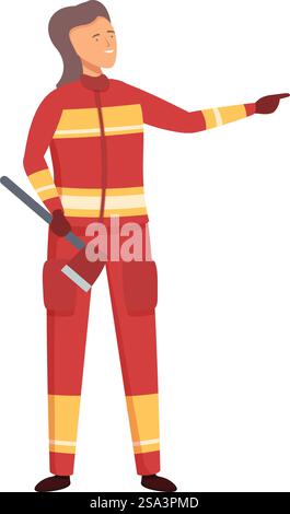 Illustration of a woman firefighter in uniform, pointing to the side and holding an axe. Female firefighter pointing and holding an axe Stock Vector