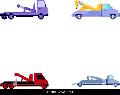 Collection of four colorful tow truck illustrations in flat design style, isolated on white. Set of flat design tow trucks Stock Vector
