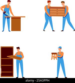 Professional movers working together to efficiently pack, carry, and transport furniture during a residential relocation. Illustration set showing movers packing, carrying furniture, and organizing shelves Stock Vector