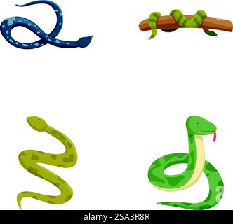 Set of four different cartoon snake illustrations isolated on a white background. Collection of cartoon snakes illustrations Stock Vector