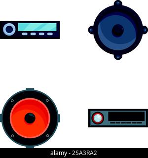 Collection of modern speakers and sound system components in flat design. Vector set of audio speakers and sound equipment Stock Vector