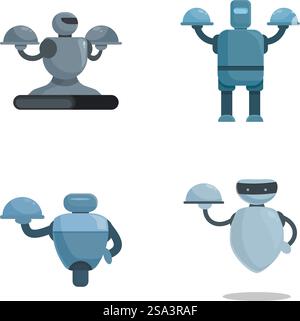 Set of four friendly cartoon robot butlers designed for service, presenting dishes on trays. Collection of cartoon service robots with trays Stock Vector