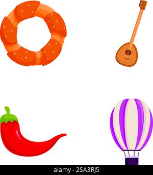 A colorful collection of vector icons including a bagel, guitar, chili pepper, and hot air balloon. Assorted vector icons set food, music, and travel Stock Vector