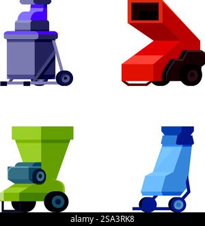 Collection of colorful, vector cartoon icons representing various industrial machines. Set of cartoon style industrial machinery icons Stock Vector