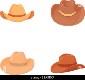 Collection of four different cartoonstyle cowboy hats, isolated on white background. Assortment of cartoon cowboy hats Stock Vector