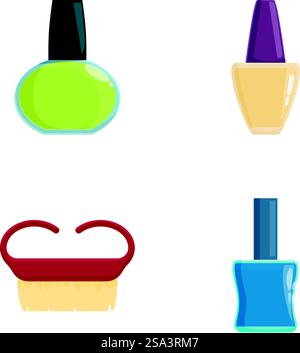 Colorful illustration of beauty icons including nail polish and a makeup brush. Set of cosmetic and beauty vector icons Stock Vector