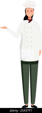 Fulllength illustration of a confident chef in traditional cook apparel, gesturing to the side. Professional chef in uniform presenting Stock Vector