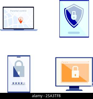 Vector illustration set of digital security icons for cybersecurity. Data protection. Internet safety. Password encryption. Privacy concept. Computer. Mobile. Laptop. Parental control. Locked shield. Collection of icons representing digital security features on various devices Stock Vector