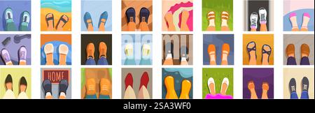 Feet selfie icons set vector. A collection of cartoon feet in various styles and colors. Concept of fun and playfulness, as the feet are depicted in various poses and settings, such as on a beach, in a house, and in a park. Feet selfie icons set vector. A collection of cartoon feet in various styles and colors Stock Vector