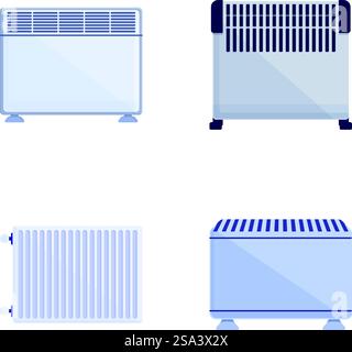 Heater icons set cartoon vector. Equipment for providing heat at home. Heating device. Heater icons set cartoon vector. Equipment for providing heat at home Stock Vector