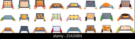Hands hold oven tray icons set vector. A collection of people holding various food items, including pizza, cookies, and cakes. Concept of warmth and comfort, as the people are gathered around food and sharing it with each other. Hands hold oven tray icons set vector. A collection of people holding various food items, including pizza, cookies Stock Vector