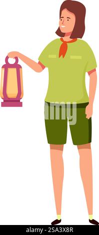 A smiling female camper in casual attire holding a vintage lantern, isolated on a white background. Happy camper holding a lantern Stock Vector