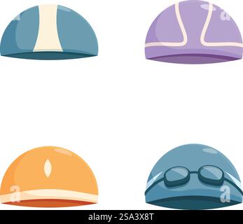 Set of four colorful cartoonstyle hats representing various professions and styles, isolated on a white background. Assorted cartoon hats collection isolated on white Stock Vector