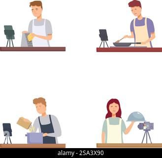 Set of illustrations showcasing diverse content creators for podcasts, cooking shows, baking blogs, and film. Content creators engaged in podcasting, cooking, baking, and filmmaking Stock Vector