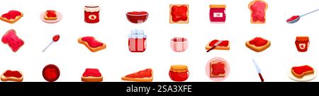 Jam toast icons set vector. A row of food items with a red jelly spread on them. The jelly spread is in various shapes and sizes, and some of the items are cut in half. There are also utensils such as a knife and spoon. Jam toast icons set vector. A row of food items with a red jelly spread on them Stock Vector