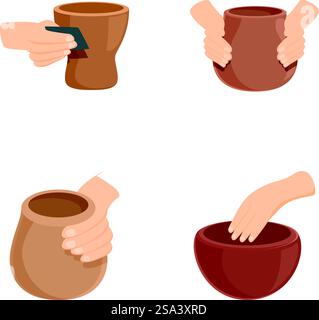 Pottery production icons set cartoon vector. Creating clay vase on wheel. Pottery master class. Pottery production icons set cartoon vector. Creating clay vase on wheel Stock Vector