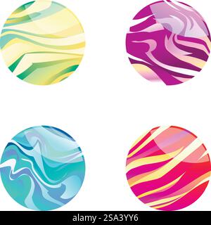 Collection of four colorful spheres with elegant marble patterns. Abstract marble pattern spheres set Stock Vector